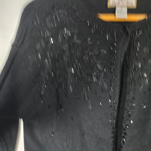 VTG Hierloom Collectibles Petites Black Beaded Knit Cardigan Large Crochet Y2K - Picture 6 of 9